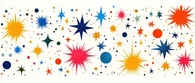 Colorful starbursts and dots scattered across white background with sparkling radiating spikes
