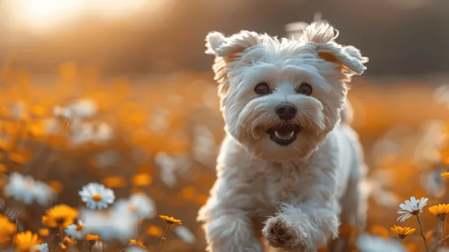 White Maltese dog running through a daisy field with warm golden light and a joyful expression.