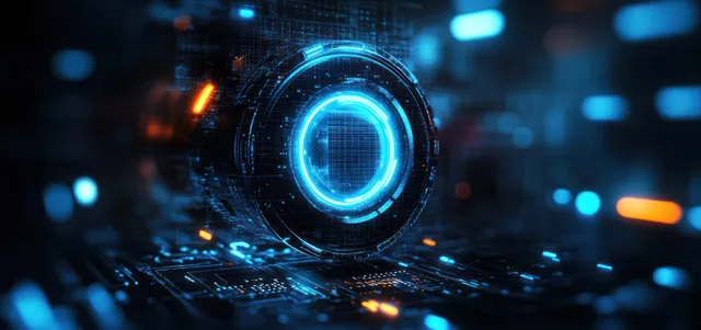 A glowing blue circular futuristic interface floats over a dark circuit grid with neon data points.