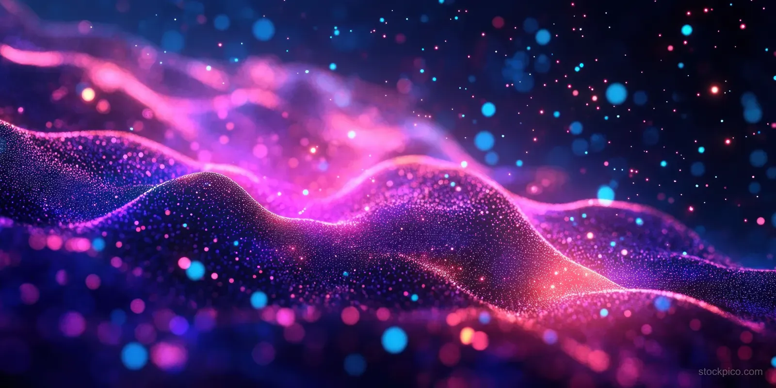 A neon purple digital wave with glowing nodes and data-like particles floating in a futuristic dark background.