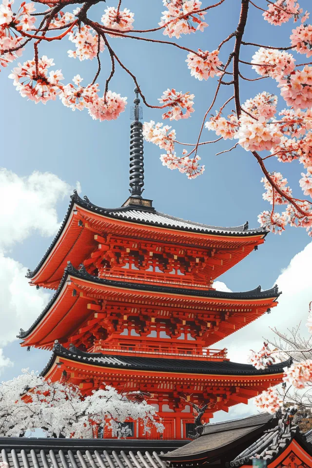 Red Kyoto pagoda with cherry blossom branches and a blue sky in spring.