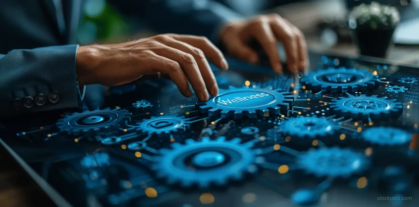 Hands adjust glowing circuit gears on a desk covered with digital network lines.