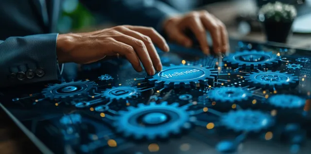 Corporate wellness concept with hands arranging glowing digital gears on desk