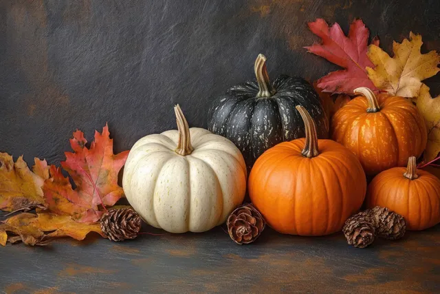 Autumn Pumpkins and Leaves Arranged on a Dark Slate Background