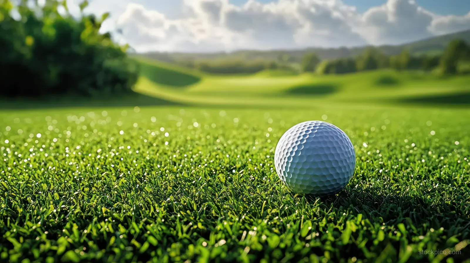 A white golf ball sits on sunlit green grass with distant hills and a cloudy sky behind it.