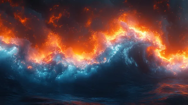 Cyberpunk digital wave over dark horizon with glowing blue-orange energy clouds