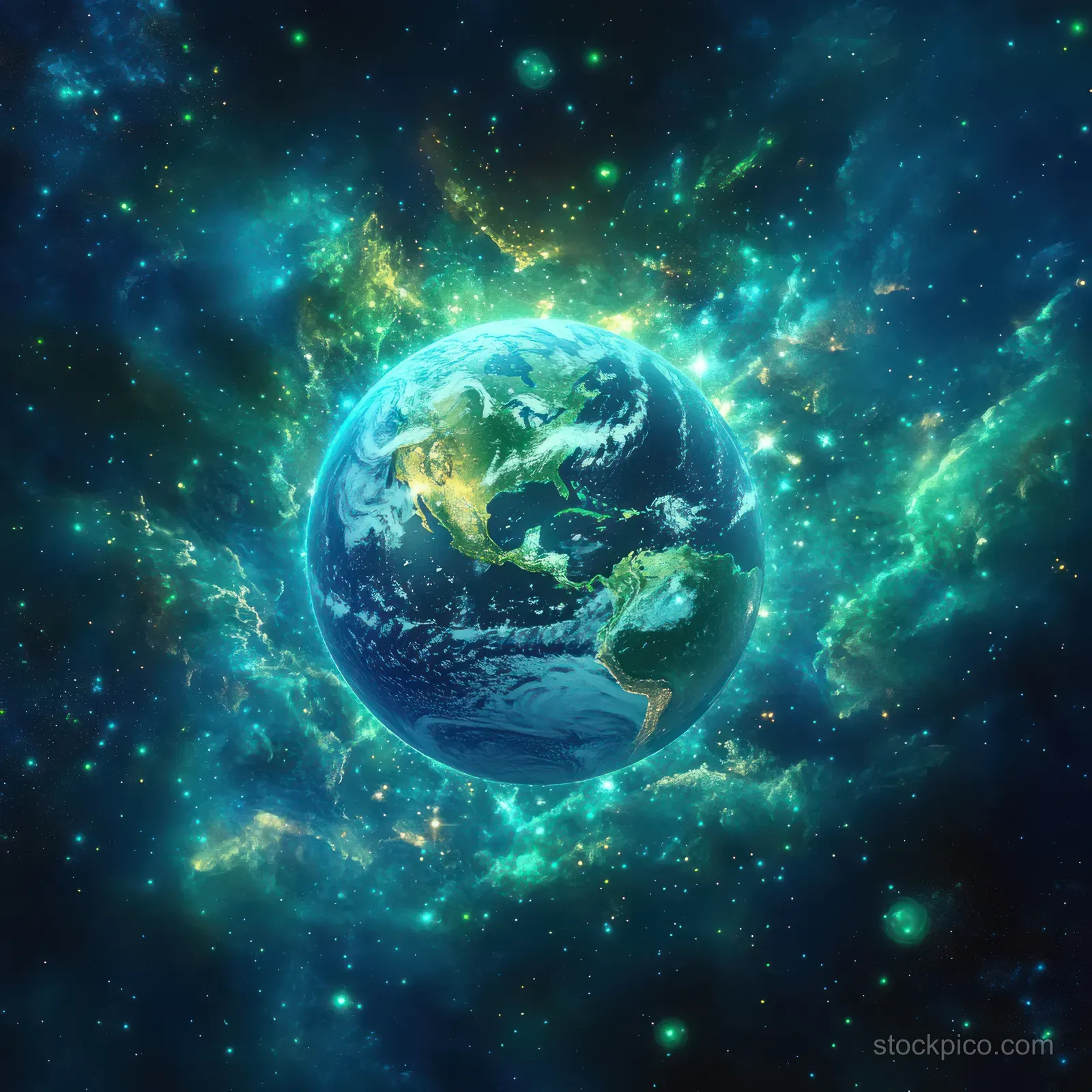 Glowing Earth surrounded by colorful nebula clouds, bright stars, and swirling cosmic energy in deep space.