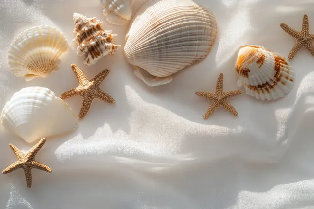 Seashells and starfish scattered on white fabric with warm sunlight and soft shadows.