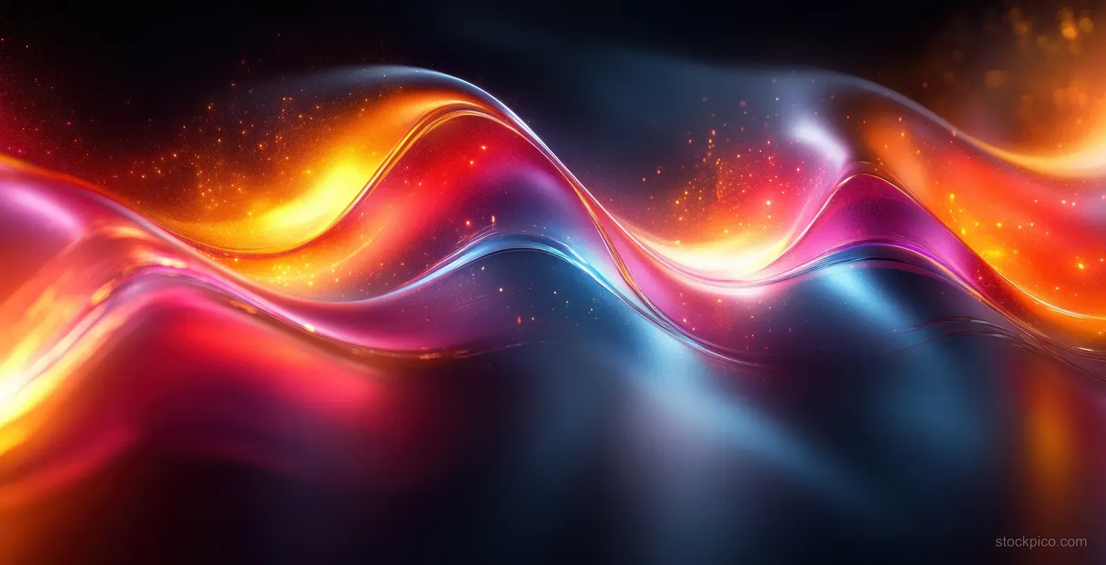 Abstract iridescent metallic wave lines glow with colorful reflections on a dark black background.