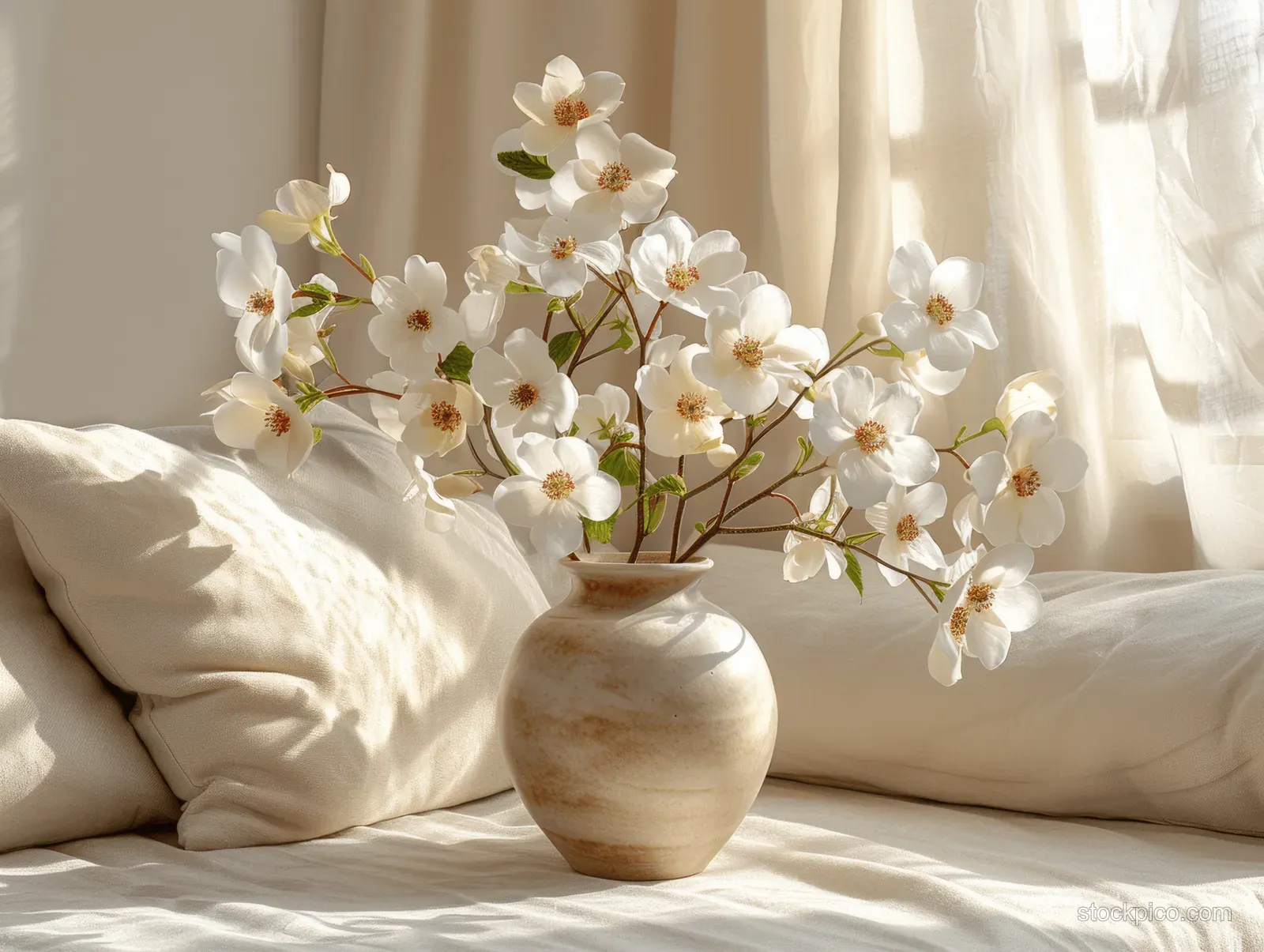 Beige ceramic vase with white orchids sitting on a coffee table against a sunlit sofa and cushions.