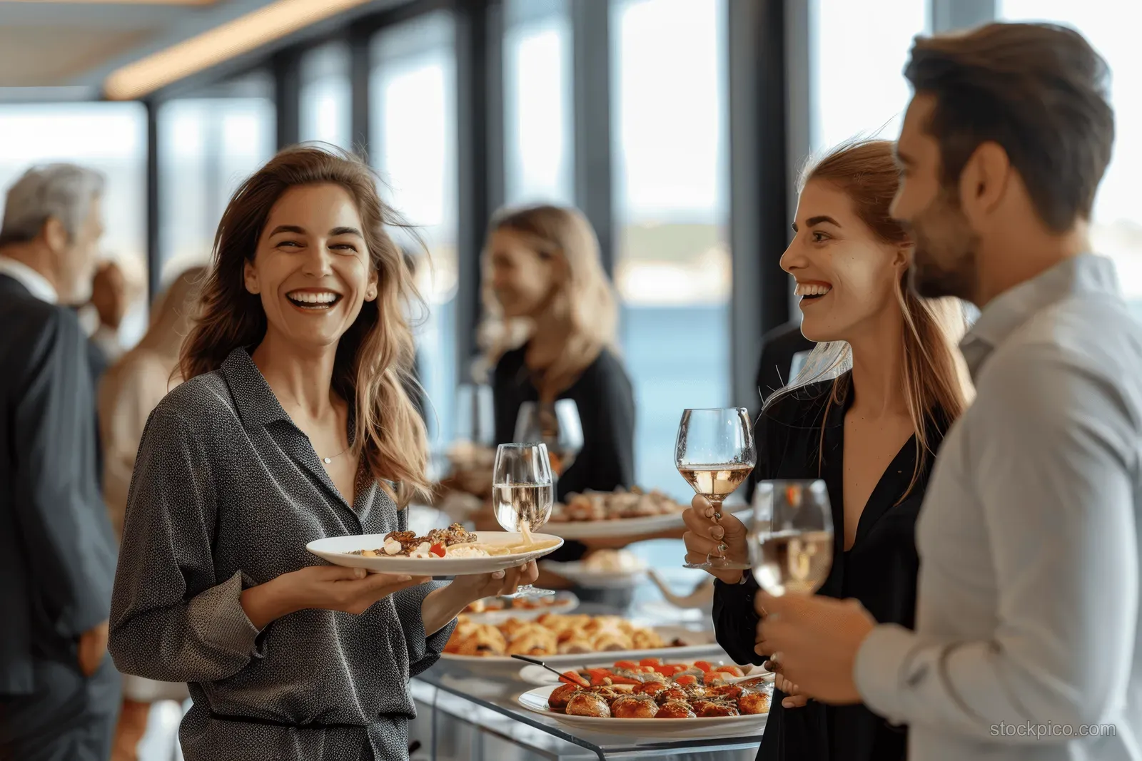Friends smile and chat beside a buffet table with plates of food and wine glasses indoors.