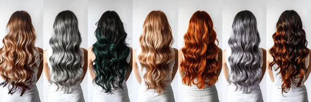 Women’s wavy hair color lineup viewed from behind on a light background