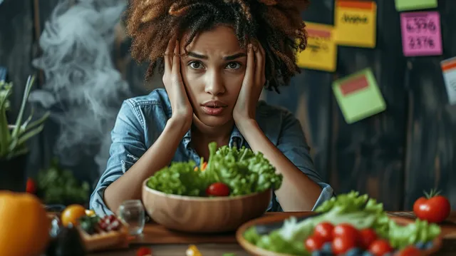 A stressed student leans on the desk beside a bowl of vegetables with blurred study notes in the background.