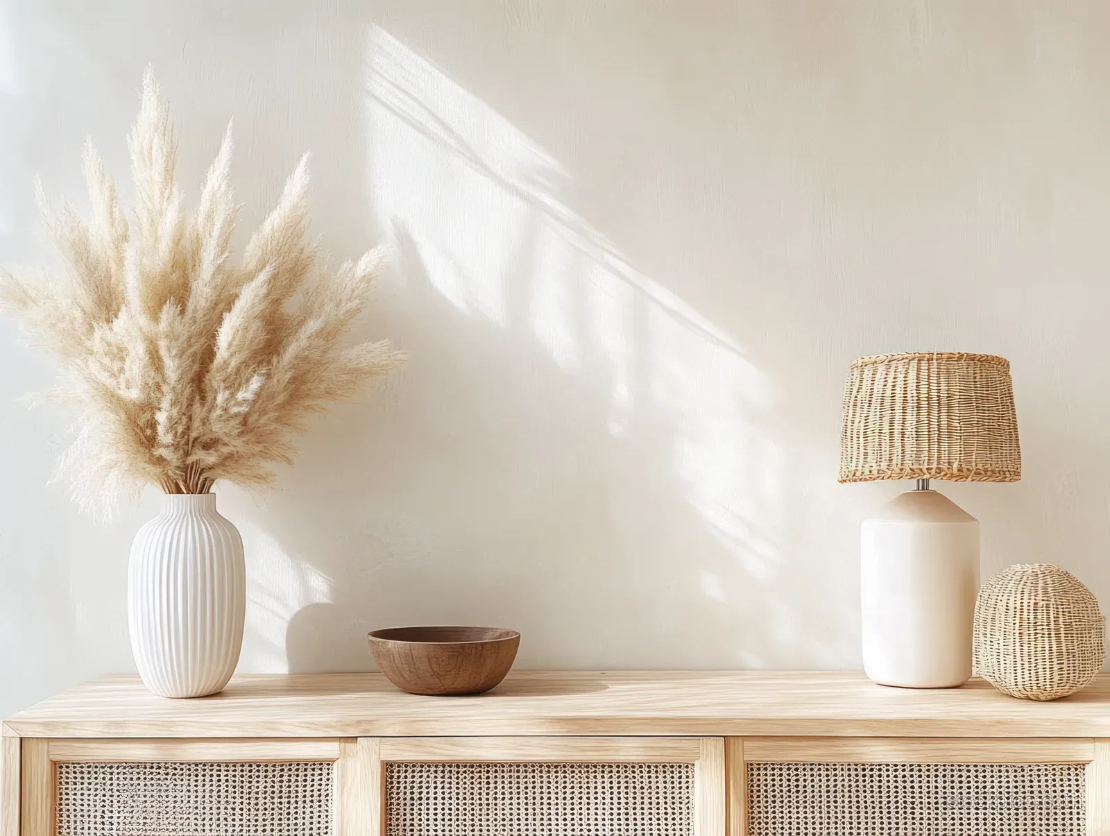 Wooden sideboard with white ceramic vase holding dried pampas grass and a woven lamp in a bright neutral interior.