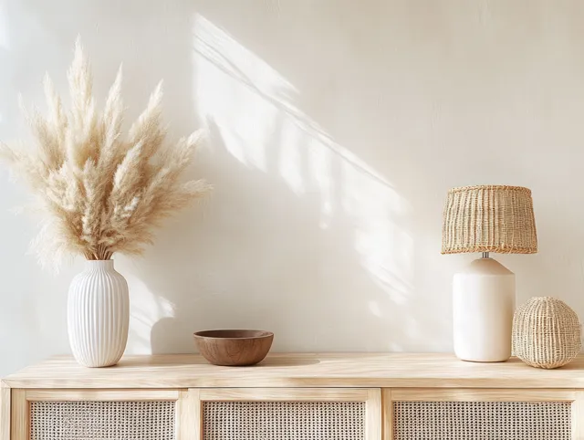 Wooden sideboard with white ceramic vase holding dried pampas grass and a woven lamp in a bright neutral interior.