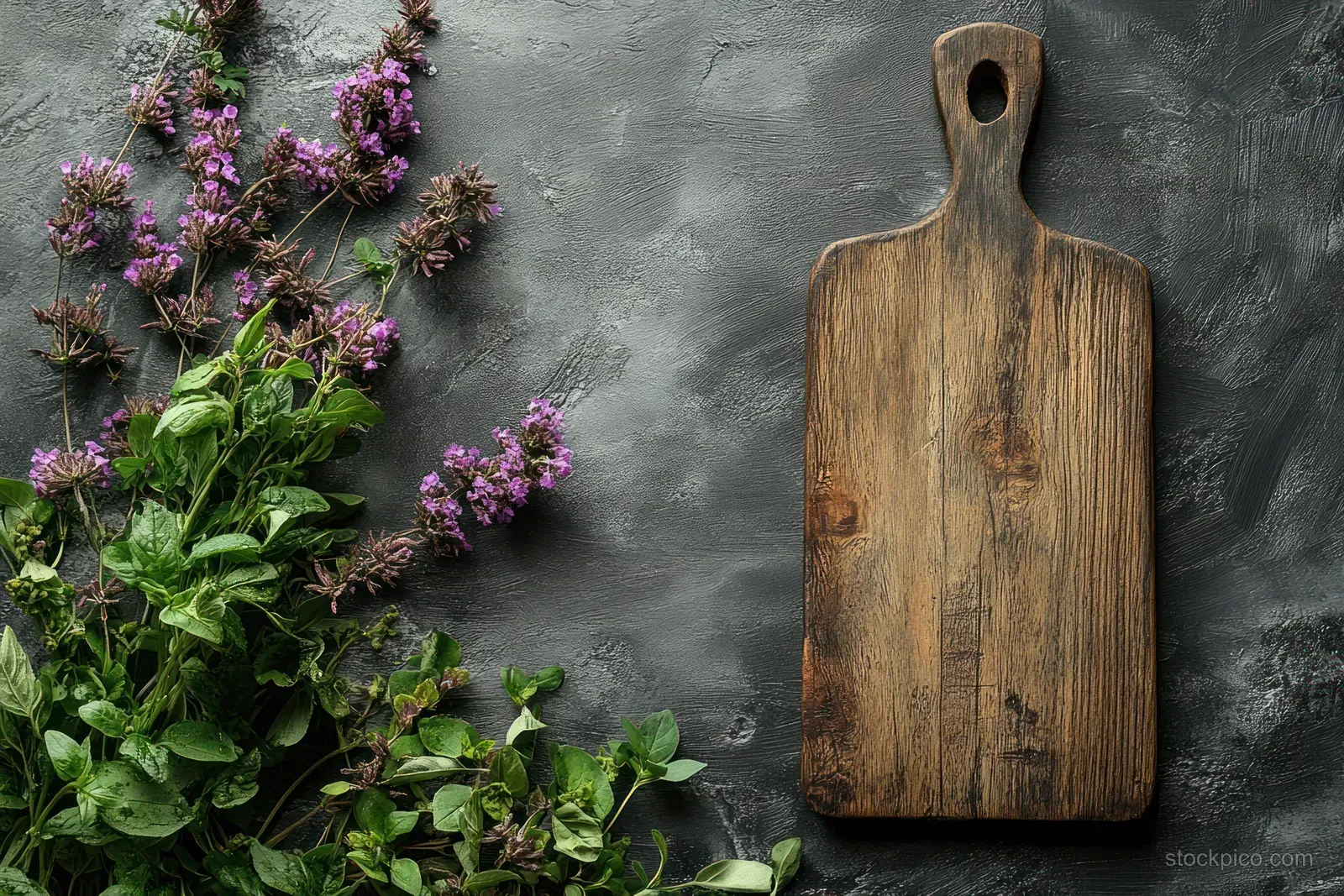 Wooden cutting board on textured concrete with rosemary sprigs and small purple flowers in natural light.