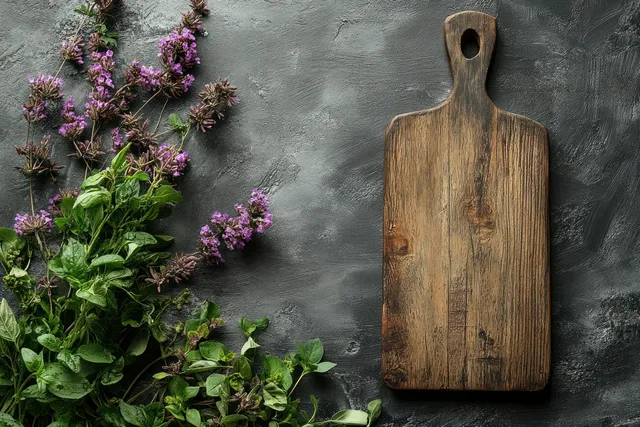 Wooden cutting board on textured concrete with rosemary sprigs and small purple flowers in natural light.