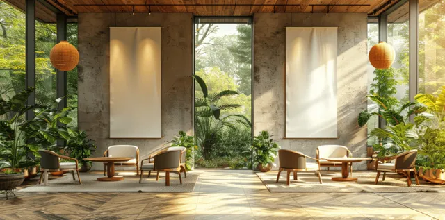 Blank roll-up banner stands beside modern restaurant seating with warm wooden floors and large windows.