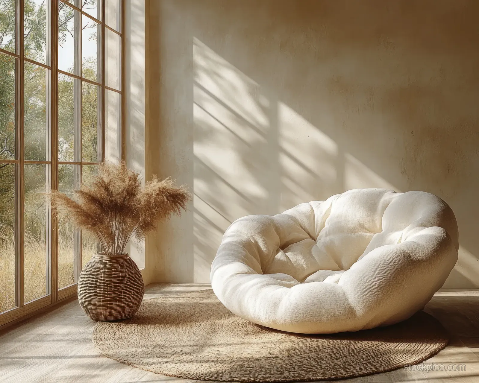 A white curved sofa sits on a beige rug in a minimalist living room, lit by sunlight through a large window.