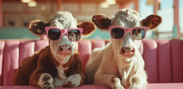 Cows in pink sunglasses lounge in a pink booth with whimsical diner-style decor