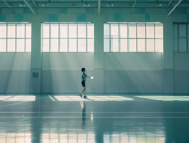 Men’s singles badminton player serving in an indoor court with a focused silhouette
