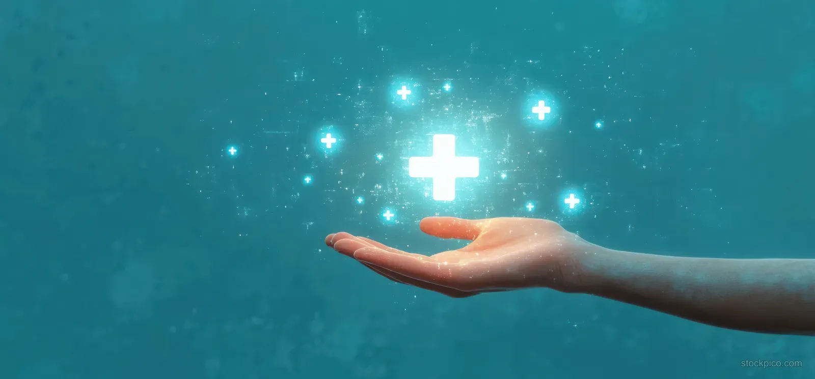 Extended hand reaches toward glowing medical cross symbols floating above a soft blue light background.