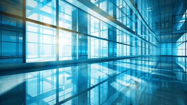 Empty Glass Office Corridor with Blue City Reflections