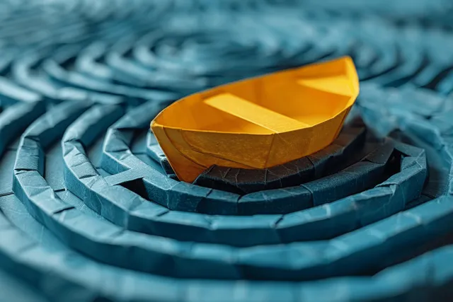 Yellow paper boat exiting a maze, symbolizing strategy and creative problem solving