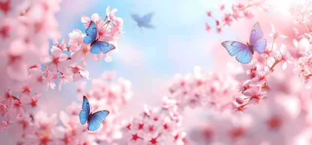 Pink sakura blossoms and blue butterflies float across a bright spring sky background.