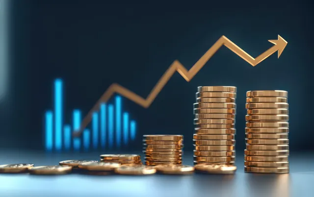Gold coin stacks with rising arrow above, blue bar chart background signaling finance growth.