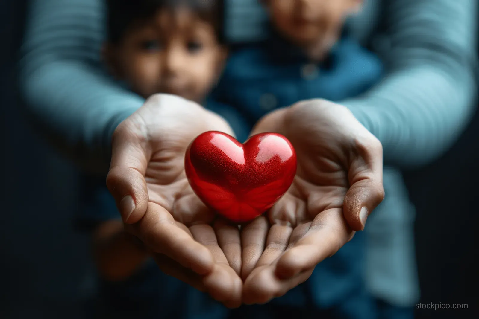 Hands gently hold a red heart symbol in a supportive family health care concept.