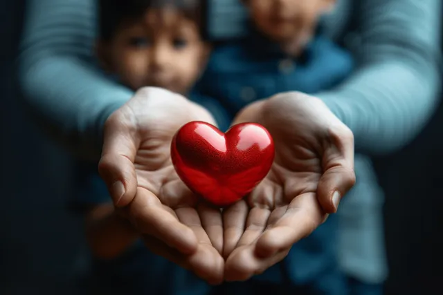 Hands gently hold a red heart symbol in a supportive family health care concept.