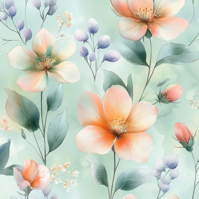 Pastel watercolor peach and blue flowers with green leaves arranged on a light vintage fabric pattern background.