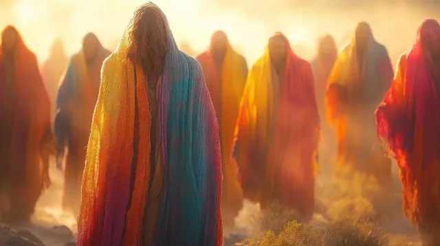 Joseph in a bright multicolored cloak walks through a sunlit crowd in ancient Egypt.