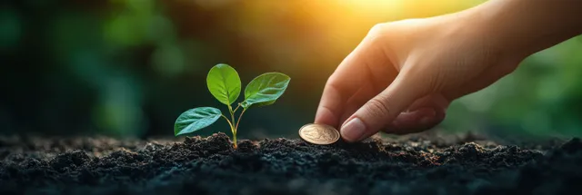 Hand planting a coin beside a young green sprout in dark soil