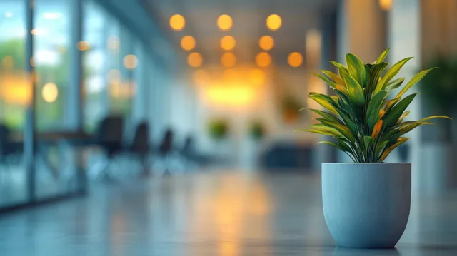 Minimalist office lobby with potted plant in foreground and warm bokeh lights