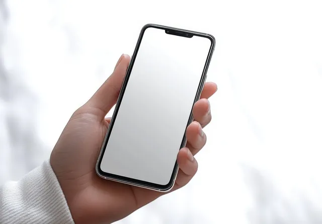 A hand holds a smartphone displaying a blank white screen with a softly blurred background.