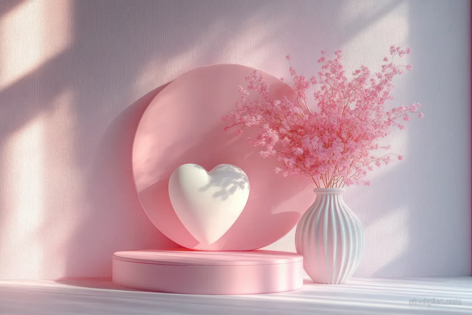 Heart-shaped sculpture on a round pedestal beside a white vase with delicate pink blossoms in soft pastel light.