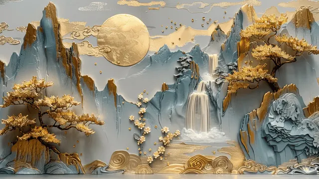 Golden moon over layered mountain landscape with pine trees and waterfalls
