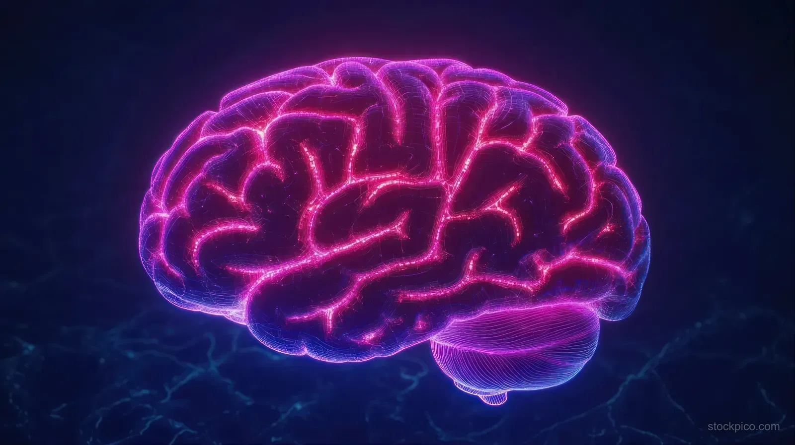 Neon pink and purple brain illustration with glowing neural network lines on a dark background.