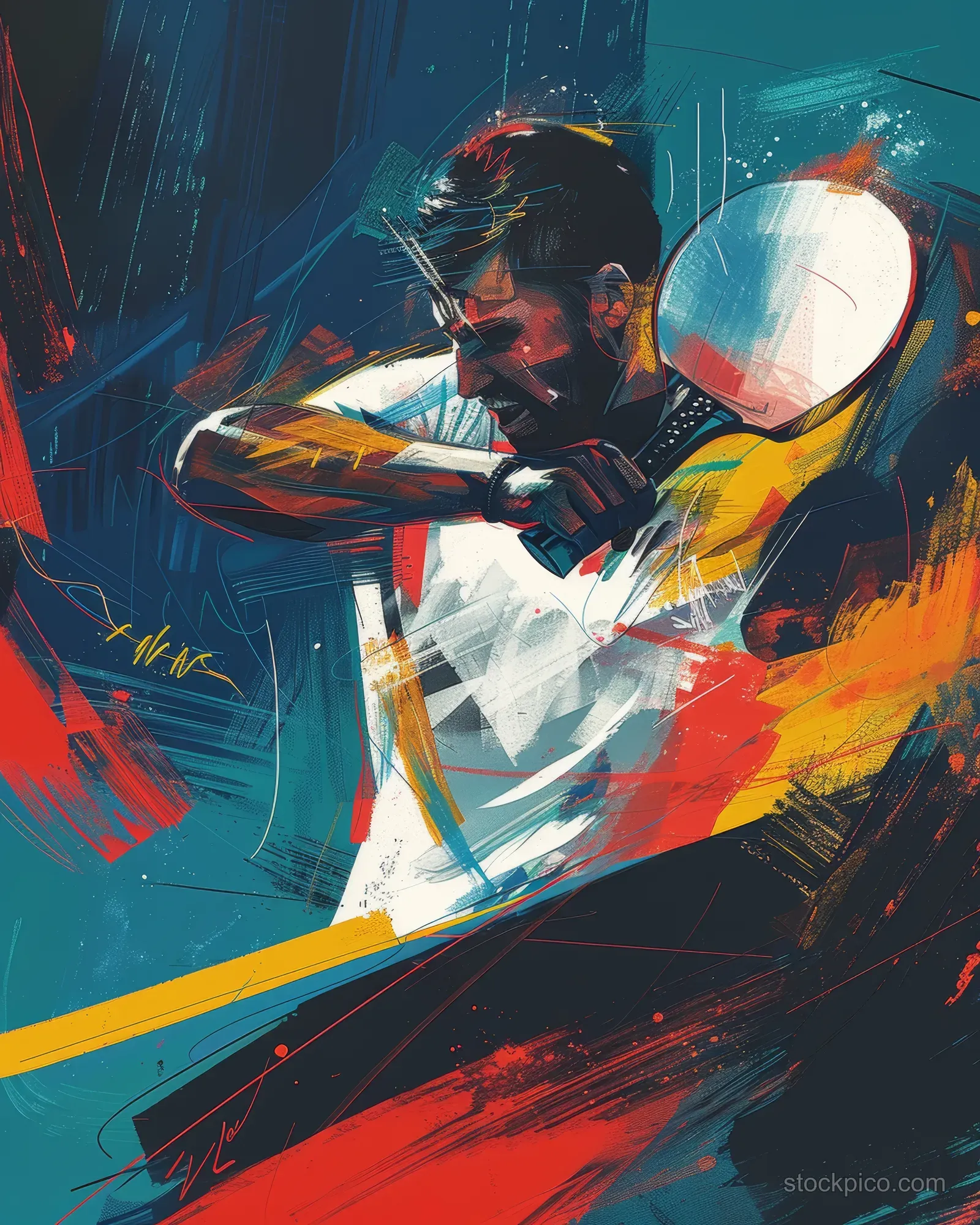 A table tennis player in mid-swing with a German-themed palette, shown in dynamic abstract motion.