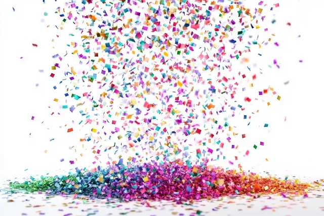 Colorful confetti falls and collects into a vibrant pile on a white background.