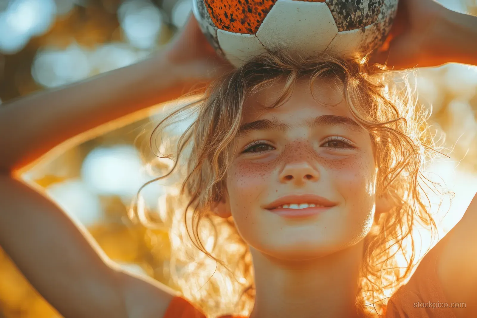 Young soccer player kicking a ball on a sunny green field during a fast match moment