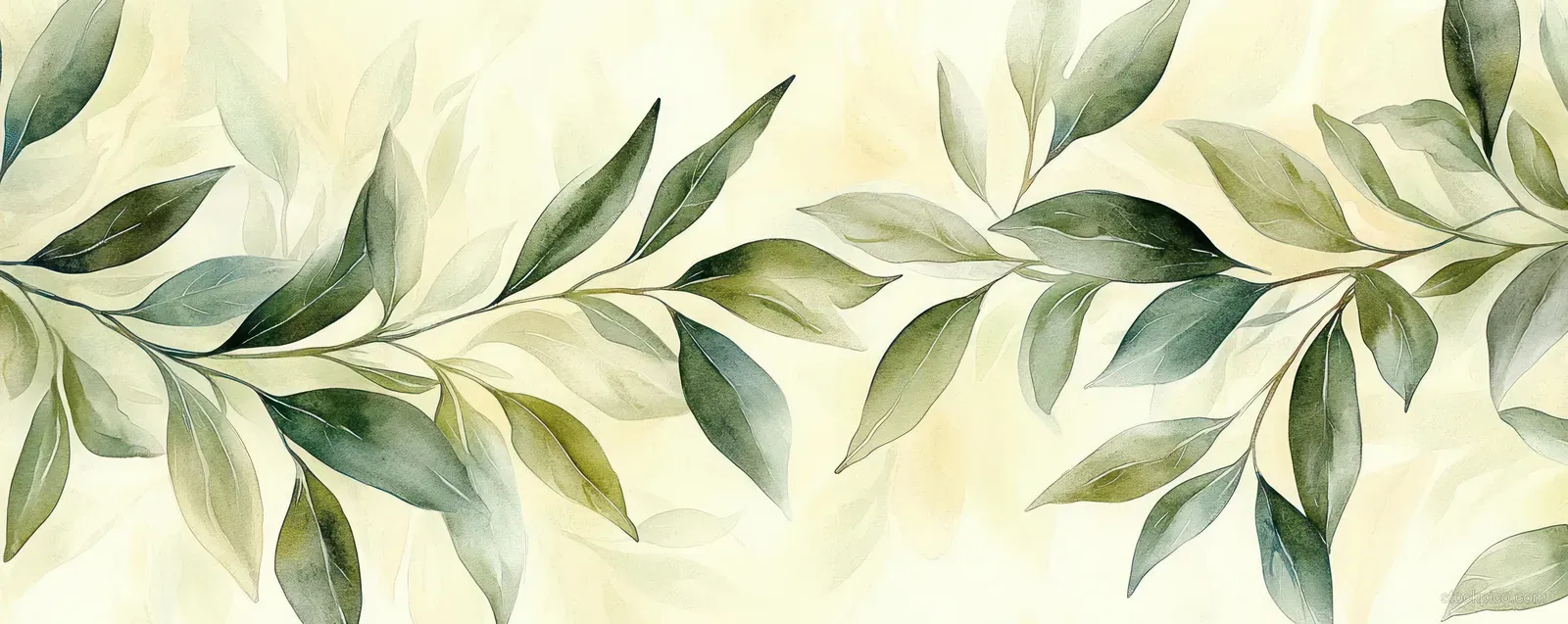 Green watercolor leafy branches form a decorative border across a soft cream background.