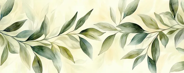 Watercolor green leafy branches stretching across a cream background with soft paper texture