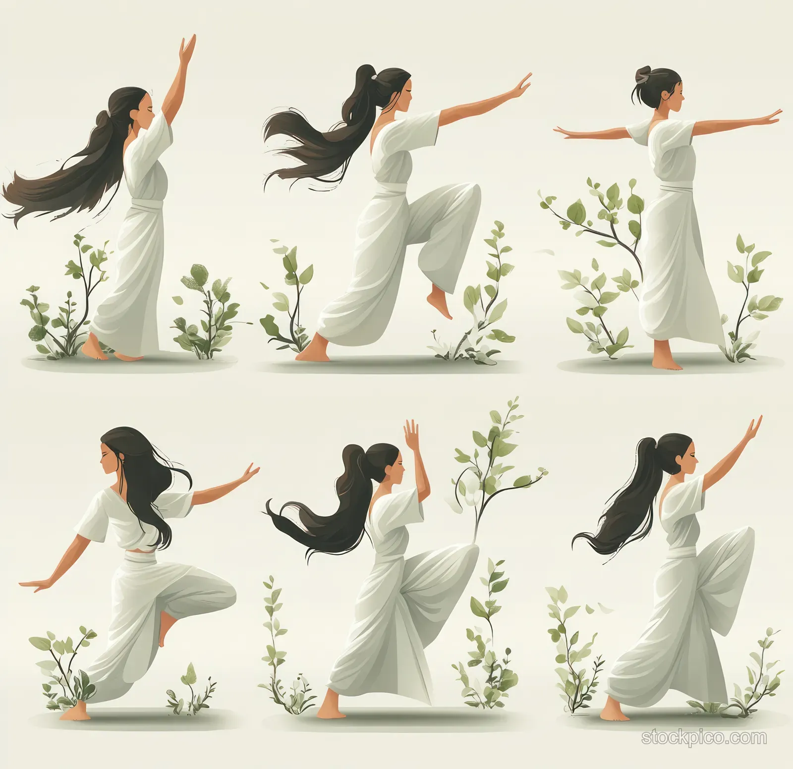 Women in white yoga attire hold different poses on a light background with small green plants.