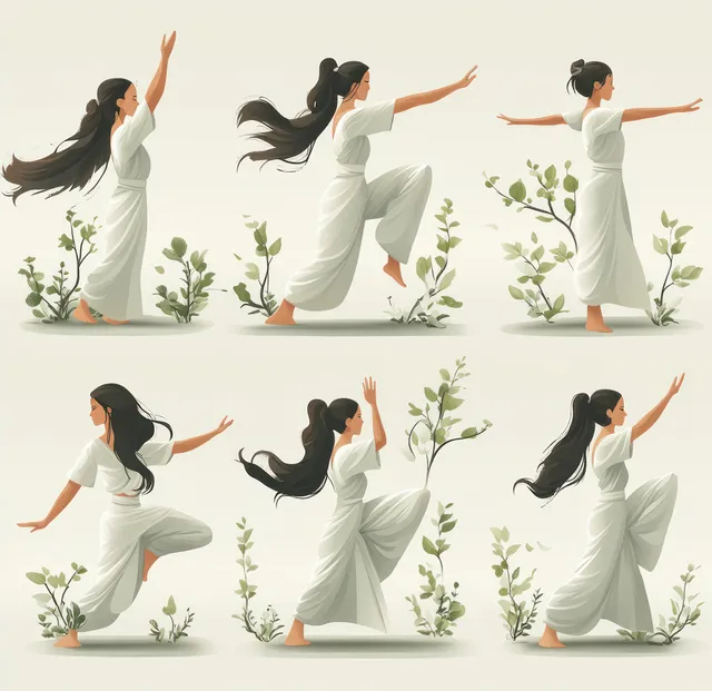 Women practicing seated and standing yoga poses with soft pastel foliage in minimalist scene