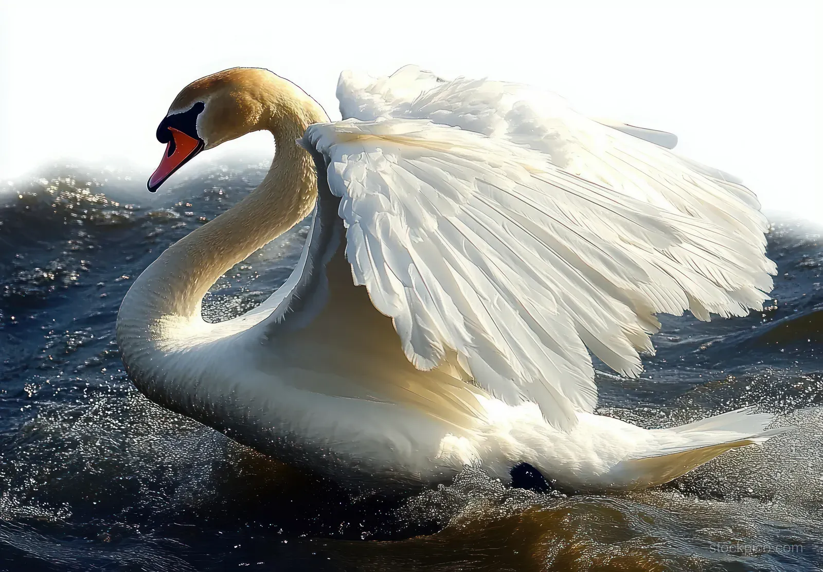 A white swan glides over dark rippling water with wings partially spread under bright sunlight.