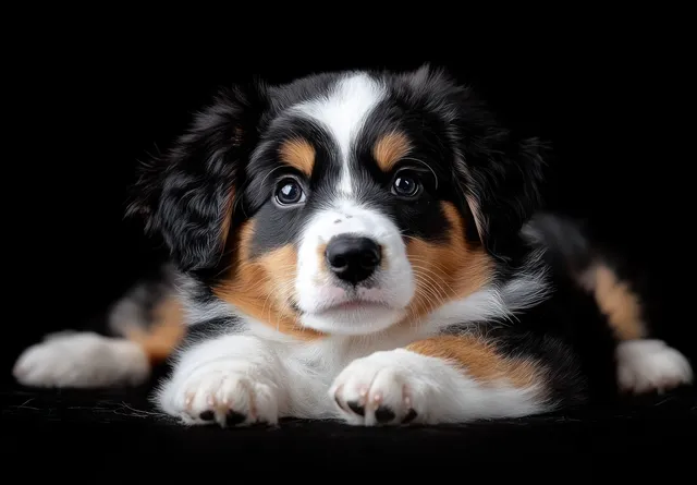 Tricolor puppy lying down, gazing forward with alert eyes on a deep black backdrop