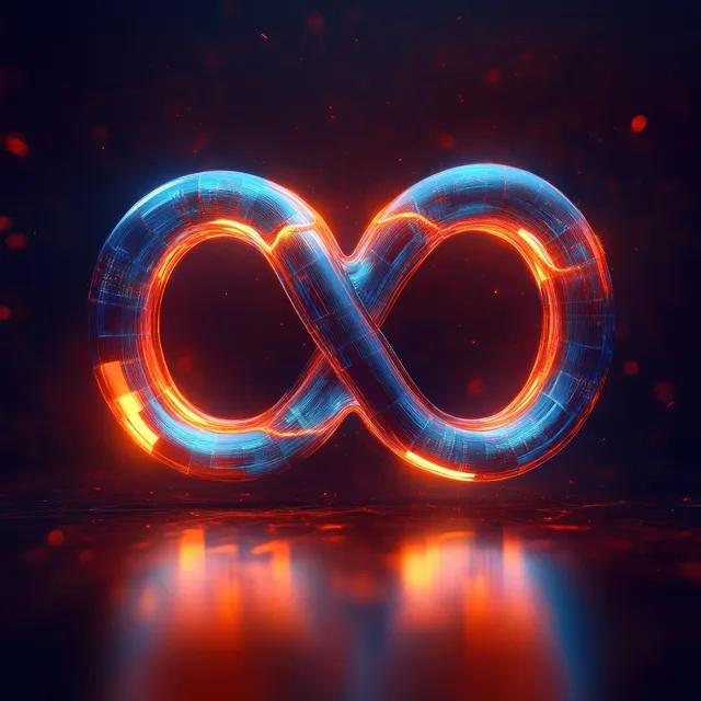 Glowing metallic infinity symbol floating above reflective dark surface, blue and orange flames